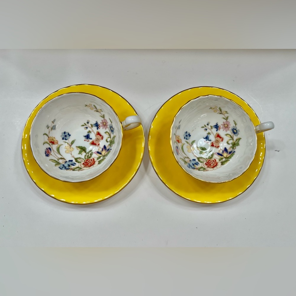 Vintage Aynsley Cottage Garden Bone China TeaCup Saucer Set Of 2 Yellow “rare”